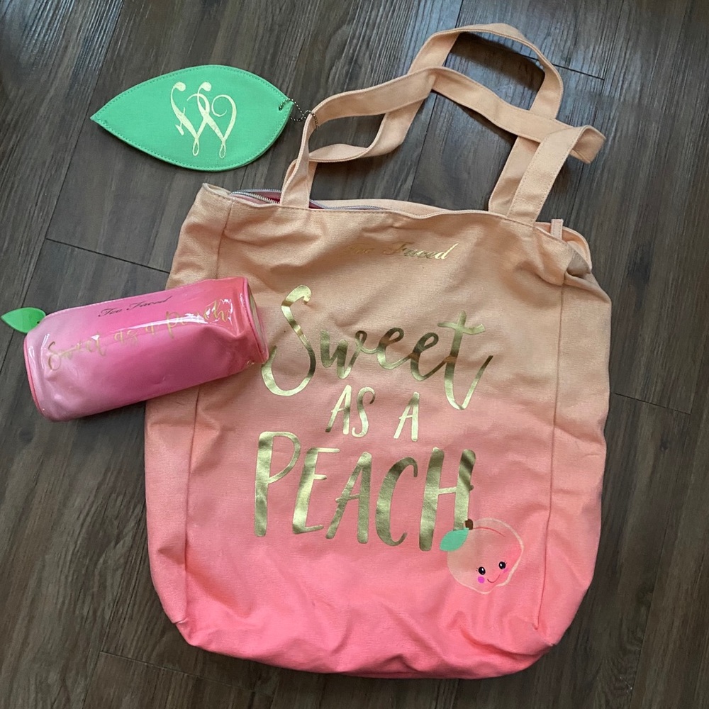 Too Faced canvas zip tote bag and cosmetic case